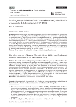 La Editio Princeps De La Farsalia De Lucano (Roma 1469): Identificación Y Transmisión De La Forma Textual (1469-1483)1