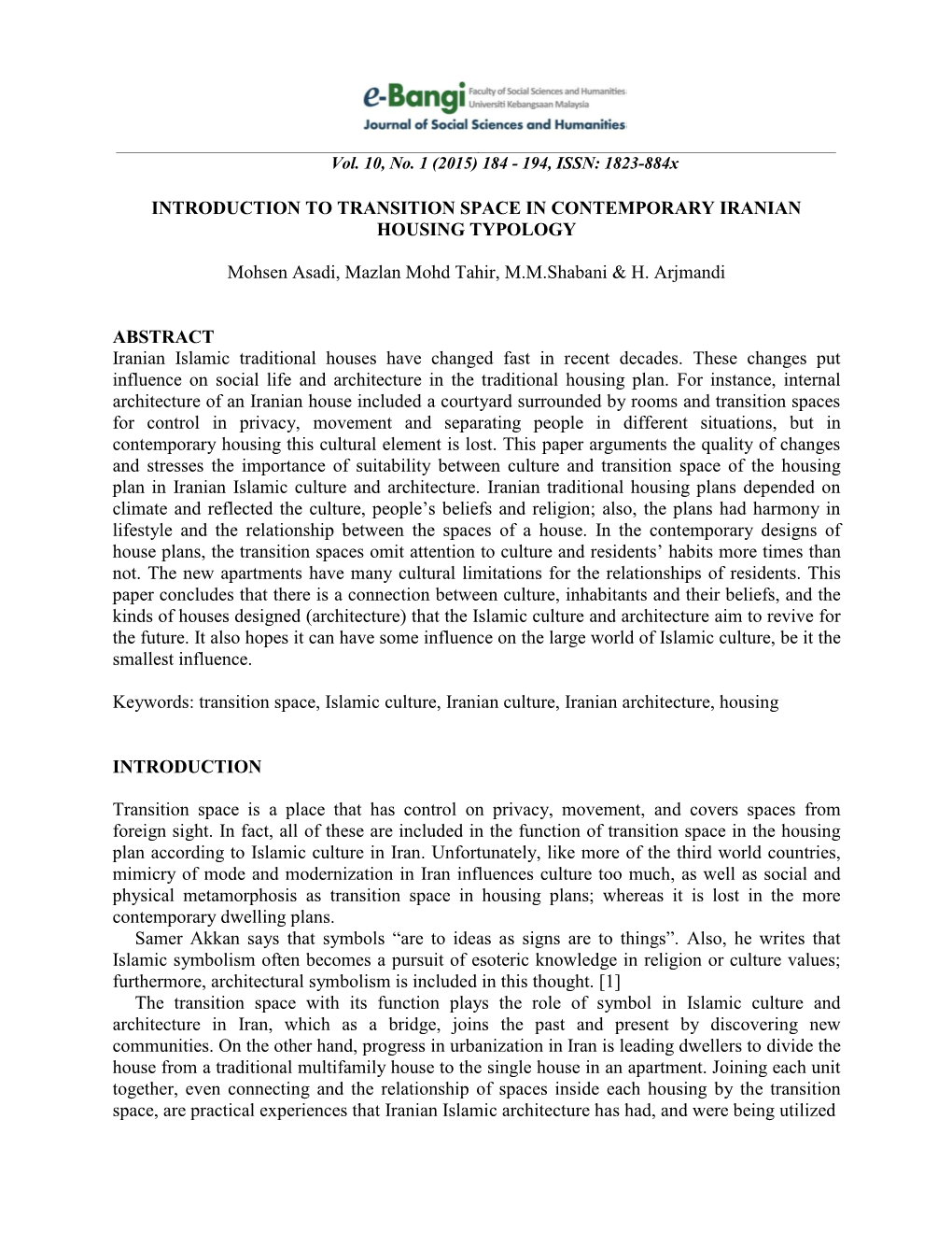 Introduction to Transition Space in Contemporary Iranian Housing Typology