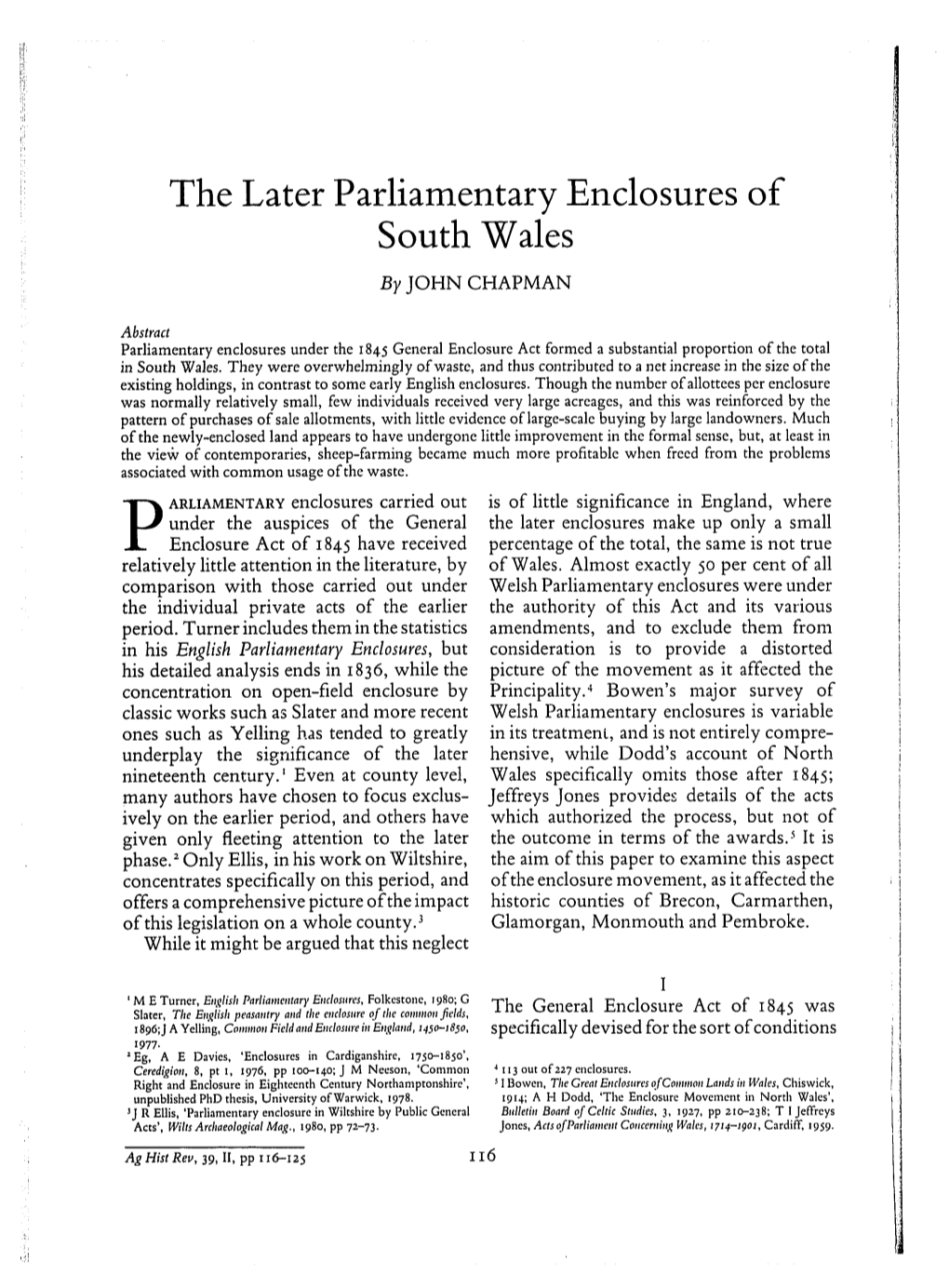 The Later Parliamentary Enclosures of South Wales