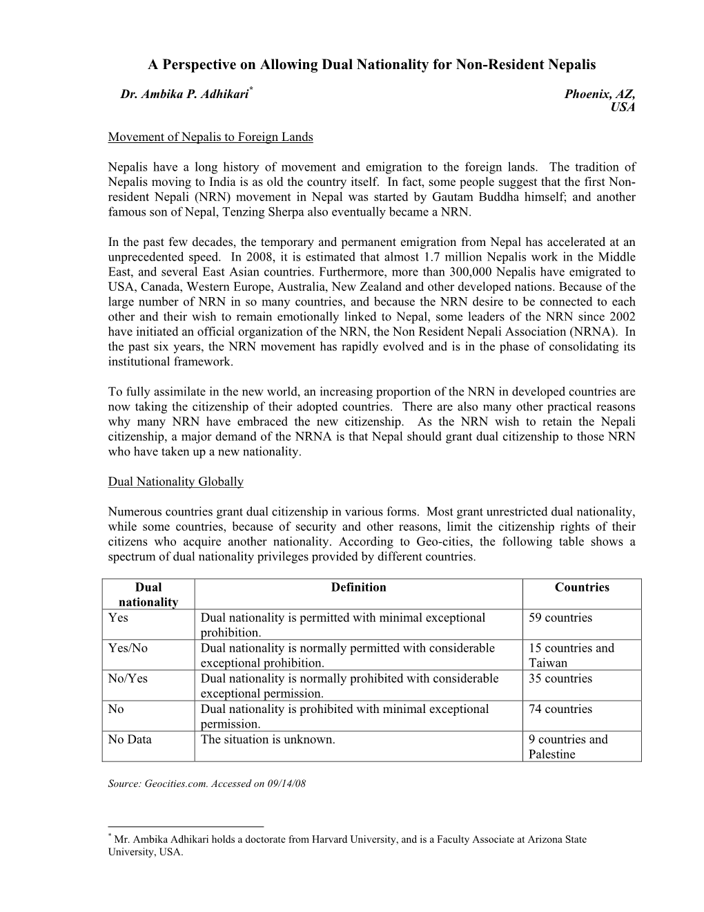 A Perspective on Allowing Dual Nationality for Non-Resident Nepalis