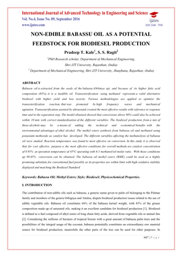 NON-EDIBLE BABASSU OIL AS a POTENTIAL FEEDSTOCK for BIODIESEL PRODUCTION Pradeep T