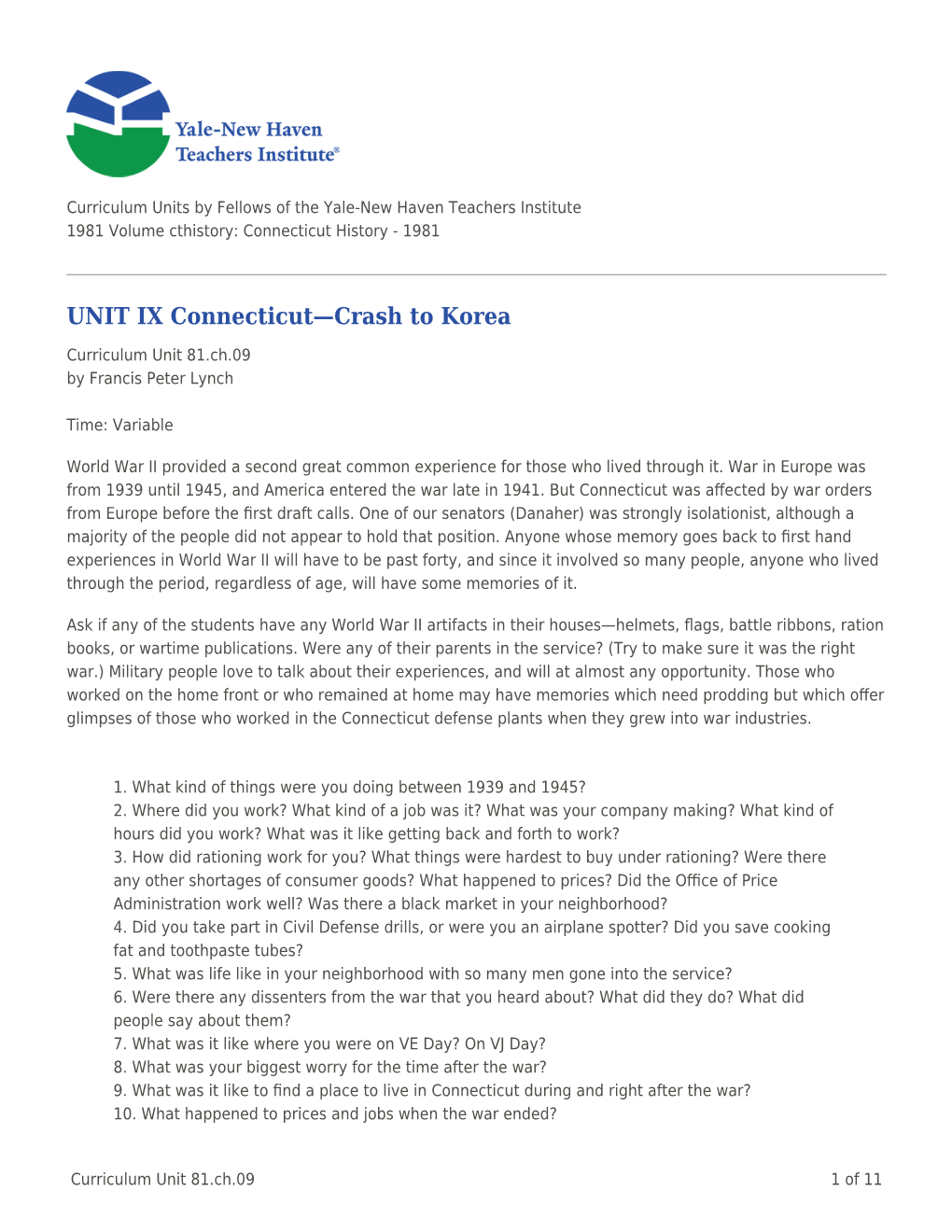 UNIT IX Connecticut—Crash to Korea