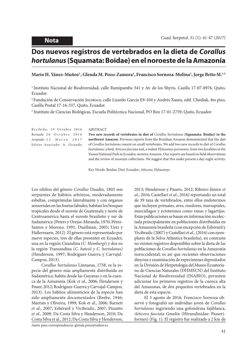 Dos Nuevos Registros De Vertebrados En La Dieta De Corallus Hortulanus (Squamata: Boidae) En El Noroeste De La Amazonía