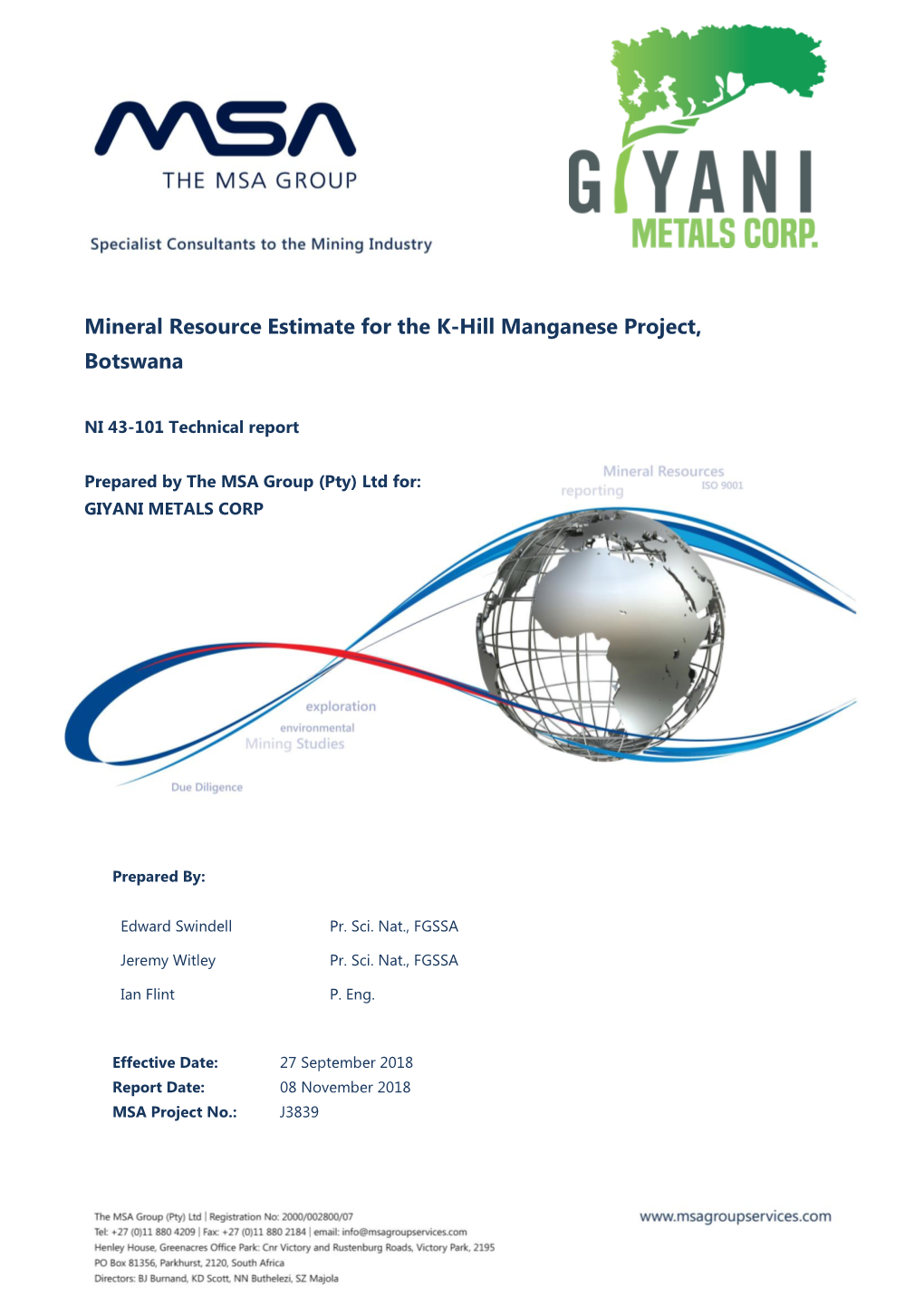 Mineral Resource Estimate for the K-Hill Manganese Project, Botswana