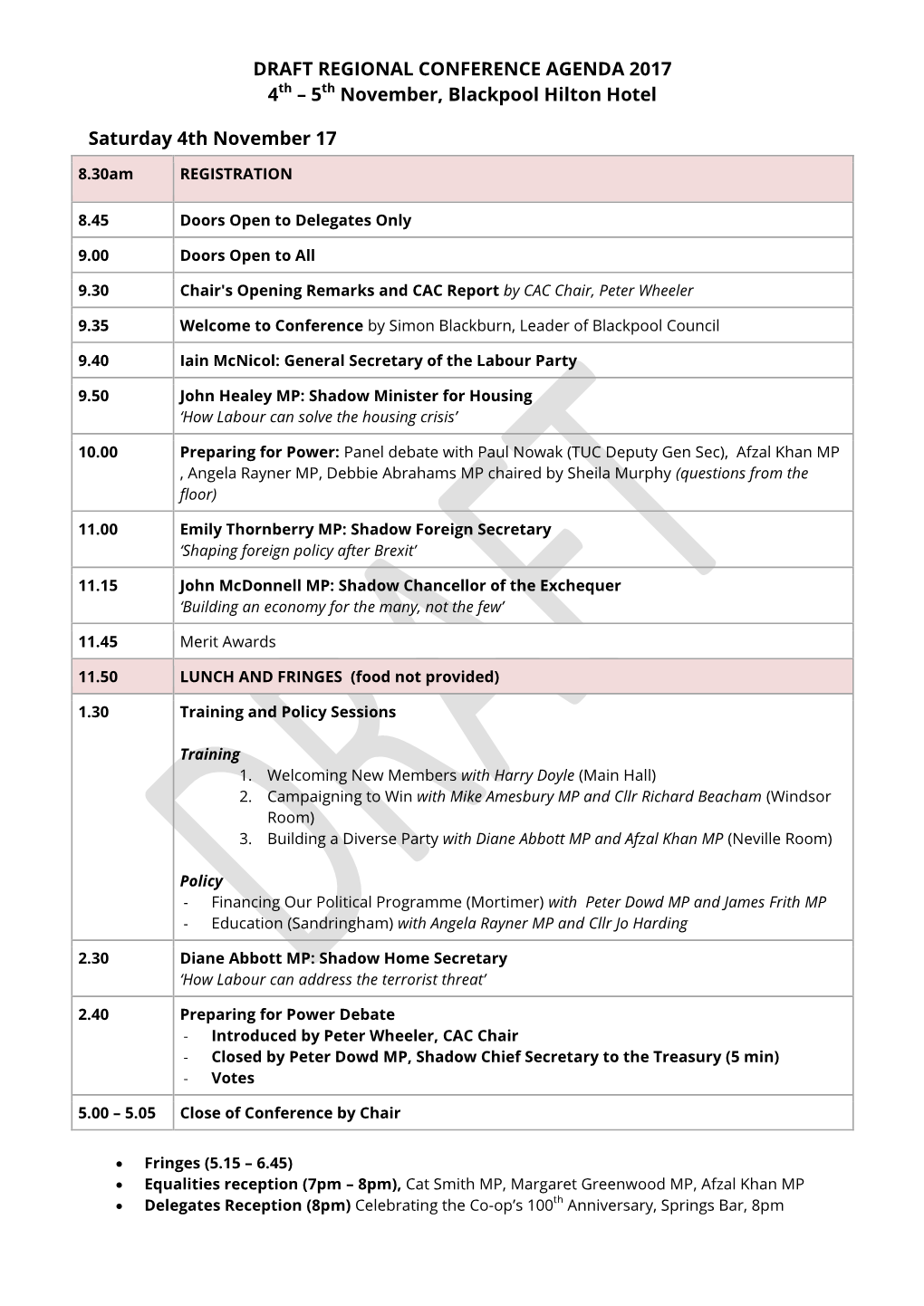 DRAFT REGIONAL CONFERENCE AGENDA 2017 4Th – 5Th November, Blackpool Hilton Hotel