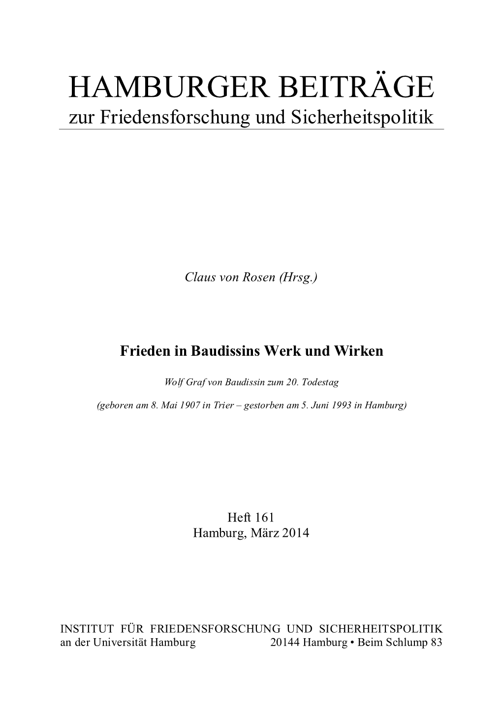 HAMBURGER BEITRÄGE Zur Friedensforschung Und Sicherheitspolitik