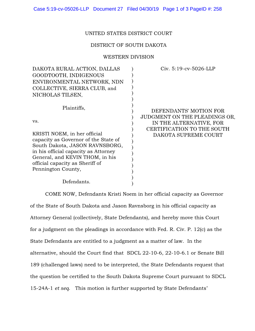 United States District Court District of South Dakota