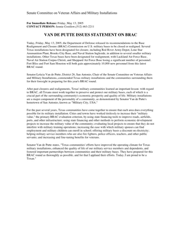 Van De Putte Issues Statement on Brac