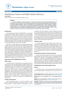 Molybdenum Cofactor and Sulfite Oxidase Deficiency Jochen Reiss* Institute of Human Genetics, University Medicine Göttingen, Germany