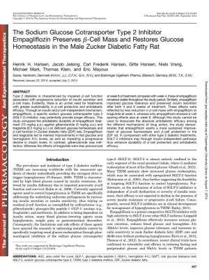 The Sodium Glucose Cotransporter Type 2 Inhibitor Empagliflozin Preserves B-Cell Mass and Restores Glucose Homeostasis in the Male Zucker Diabetic Fatty Rat
