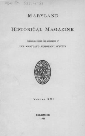 Maryland Historical Magazine, 1926, Volume 21, Issue No. 1
