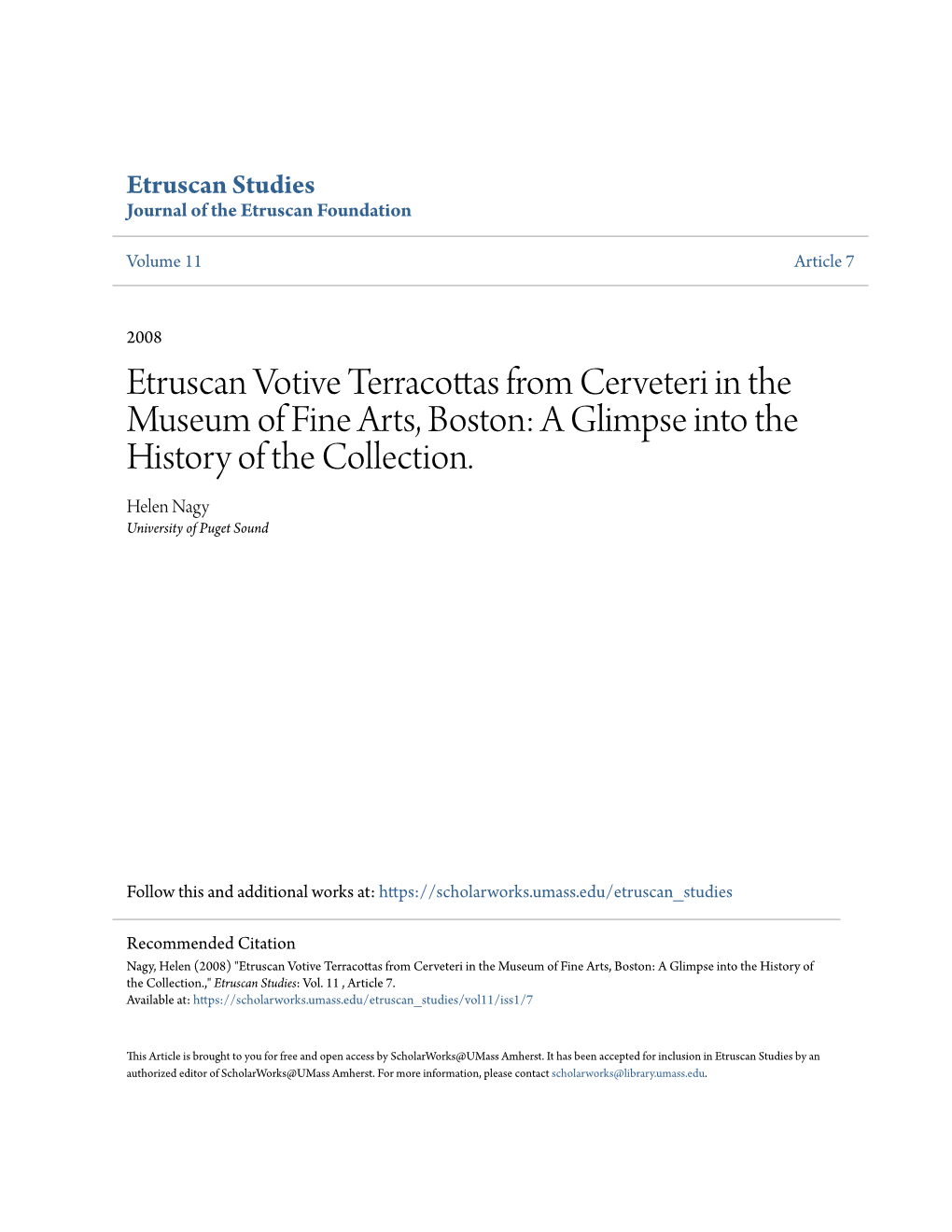 Etruscan Votive Terracottas from Cerveteri in the Museum of Fine Arts, Boston: a Glimpse Into the History of the Collection