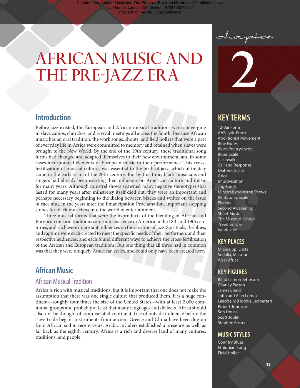 African Music and the Pre-Jazz Era from History and Tradition of Jazz by Thomas Larson | 5Th Edition | 9781465278647 Property of Kendall Hunt Publishing