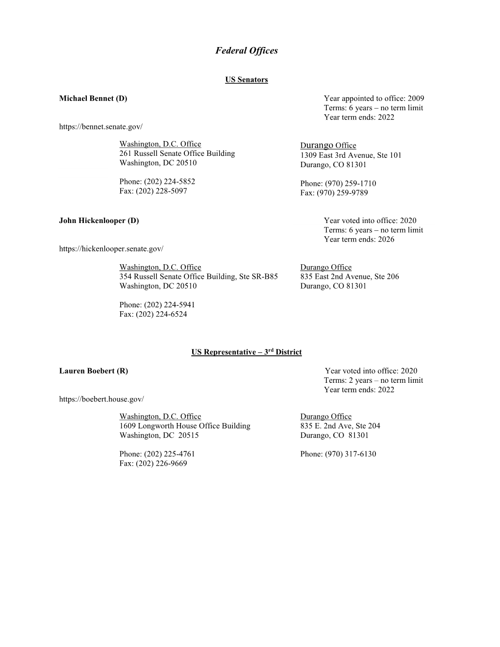 Elected Officials Contact Information