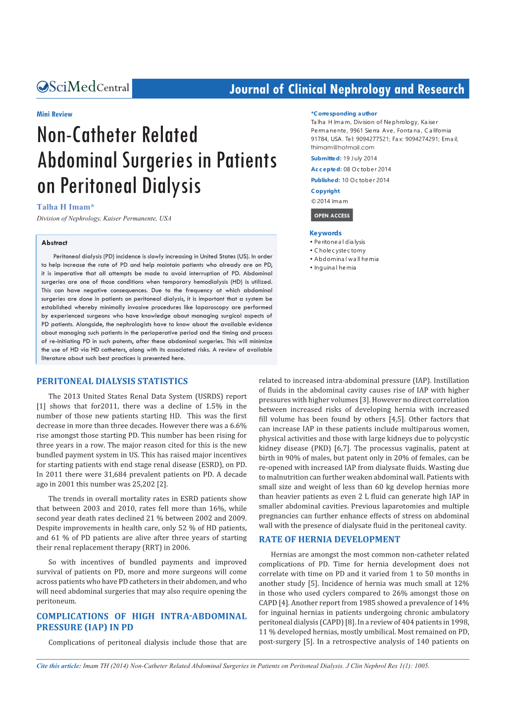 Non-Catheter Related Abdominal Surgeries in Patients on Peritoneal Dialysis