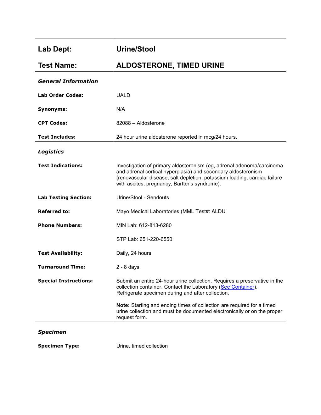 Aldosterone, Timed Urine