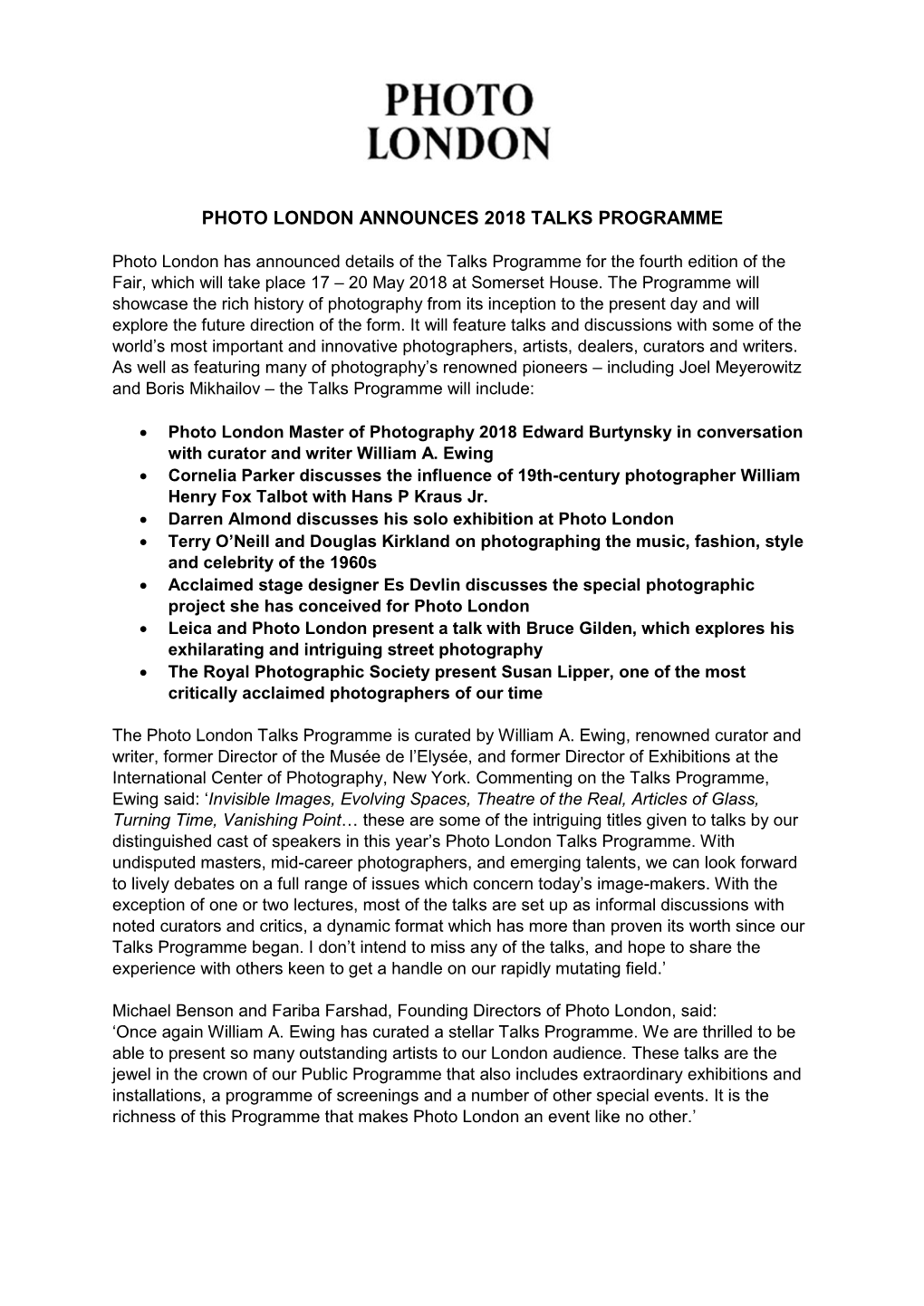 Photo London Announces 2018 Talks Programme