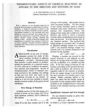 Thermodynamic Aspects of Chemical Reactions, As Applied to the Smelting and Refining of Lead