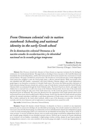 From Ottoman Colonial Rule to Nation Statehood: Schooling and National Identity in the Early Greek School