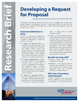 Developing a Request for Proposal Updated by Sarah Sunderman, Research Assistant/December 2009