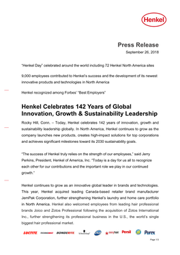 Press Release Henkel Celebrates 142 Years of Global Innovation, Growth