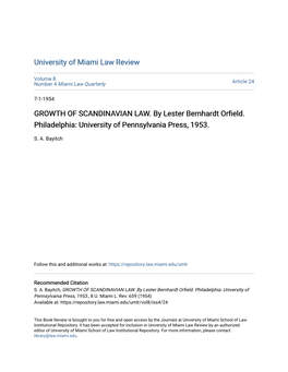 GROWTH of SCANDINAVIAN LAW. by Lester Bernhardt Orfield