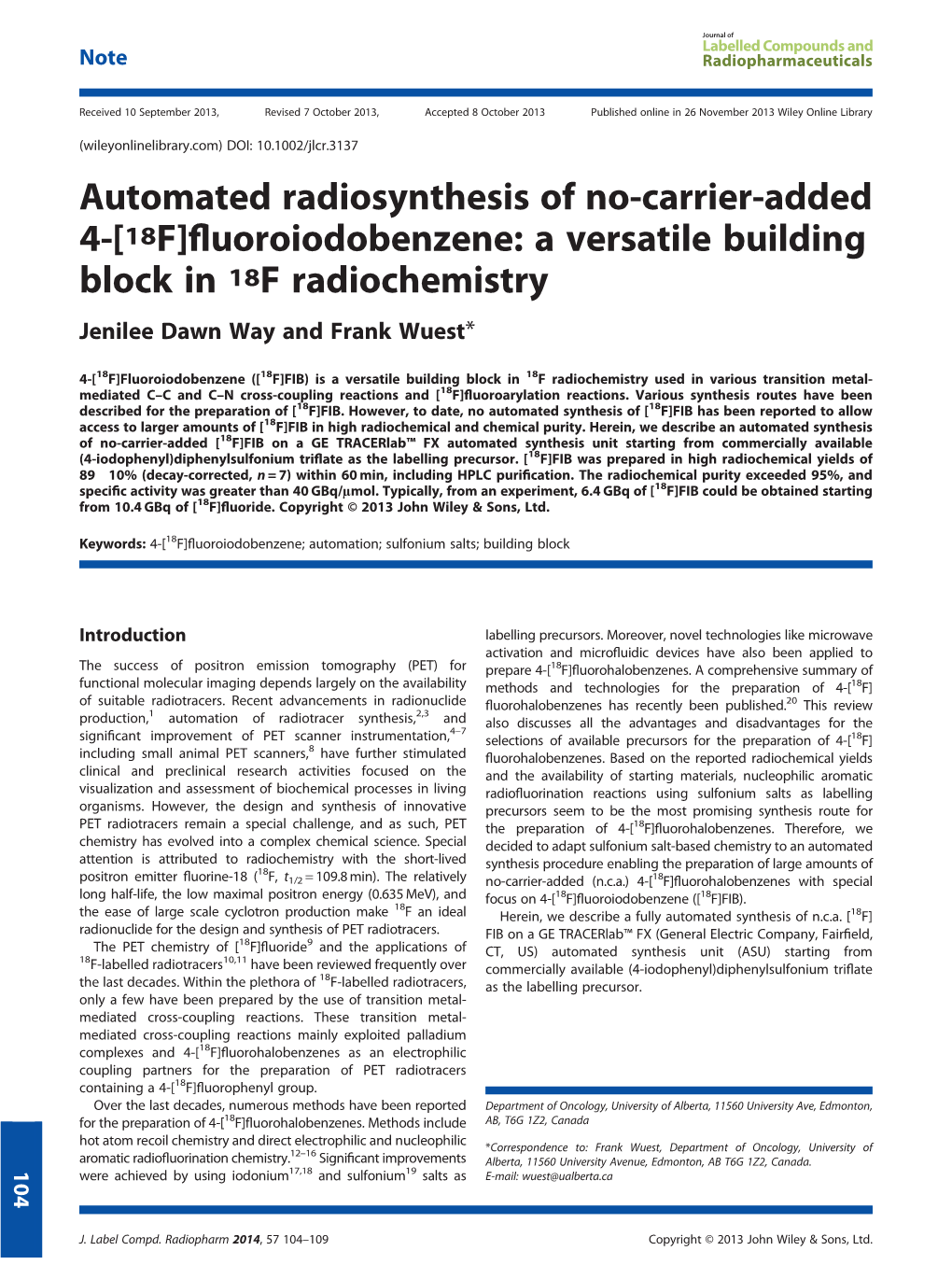 Automated Radiosynthesis of Nocarrieradded 4[18F]Fluoroiodobenzene: a Versatile Building Block in 18F Radiochemistry