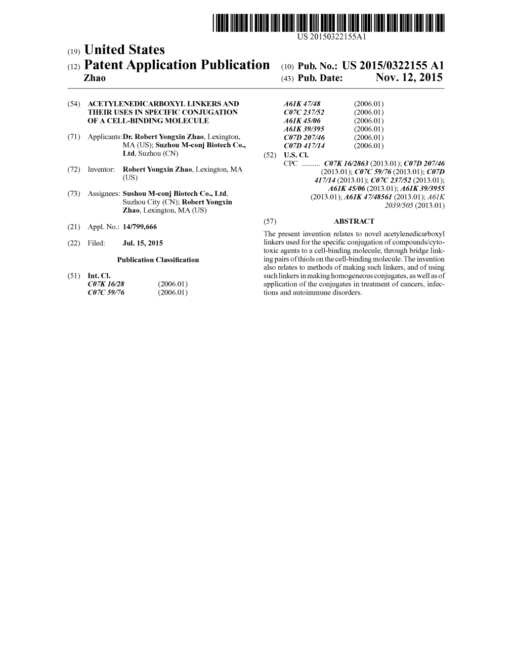 Patent Application Publication Oo) Pub. No.: US 2015/0322155 Al Zhao (43) Pub