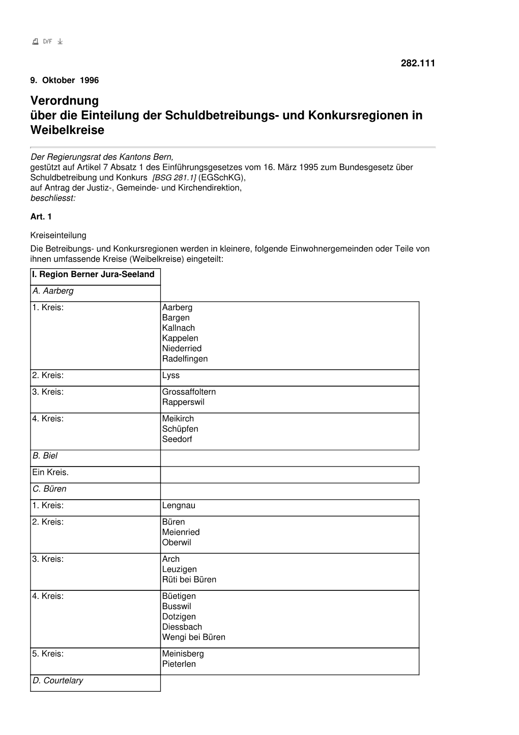 Verordnung Über Die Einteilung Der Schuldbetreibungs- Und Konkursregionen in Weibelkreise