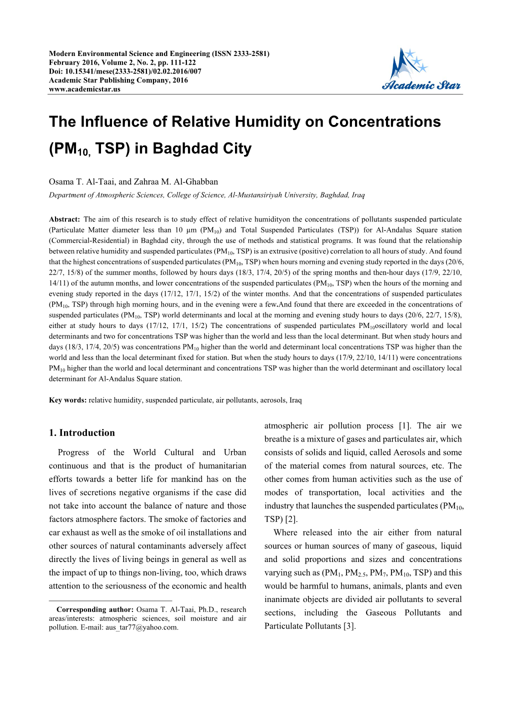 The Influence of Relative Humidity on Concentrations (PM10, TSP) in Baghdad City