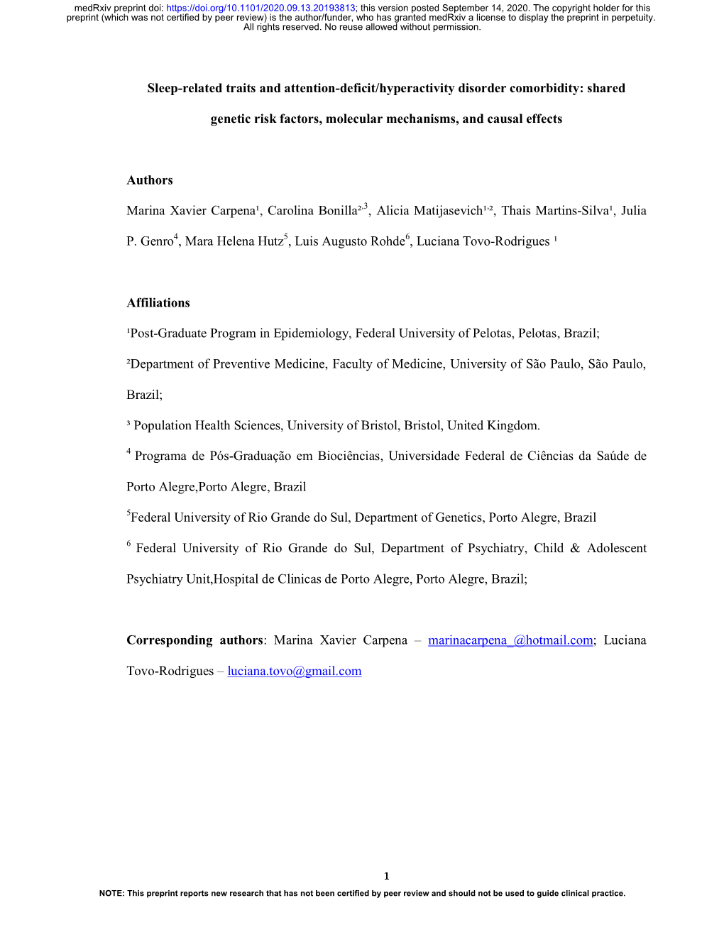 Sleep-Related Traits and Attention-Deficit/Hyperactivity Disorder Comorbidity: Shared