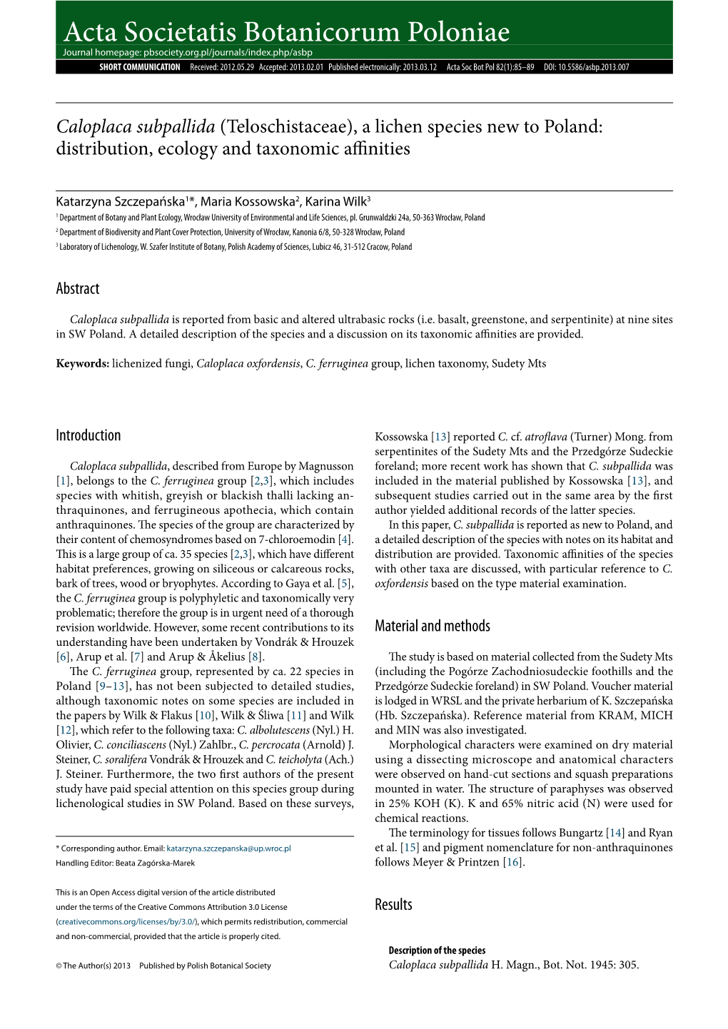 Caloplaca Subpallida (Teloschistaceae), a Lichen Species New to Poland: Distribution, Ecology and Taxonomic Affinities