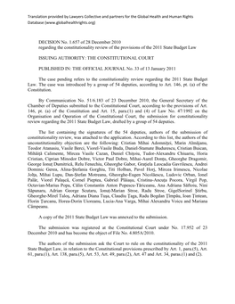 DECISION No. 1.657 of 28 December 2010 Regarding the Constitutionality Review of the Provisions of the 2011 State Budget Law