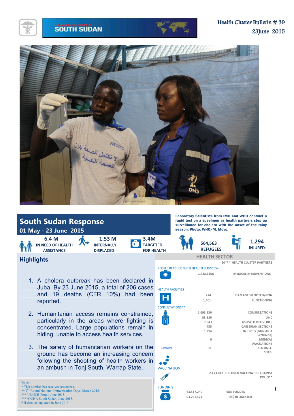 South Sudan Response Surveillance for Cholera with the Onset of the Rainy 01 May - 23 June 2015 Season