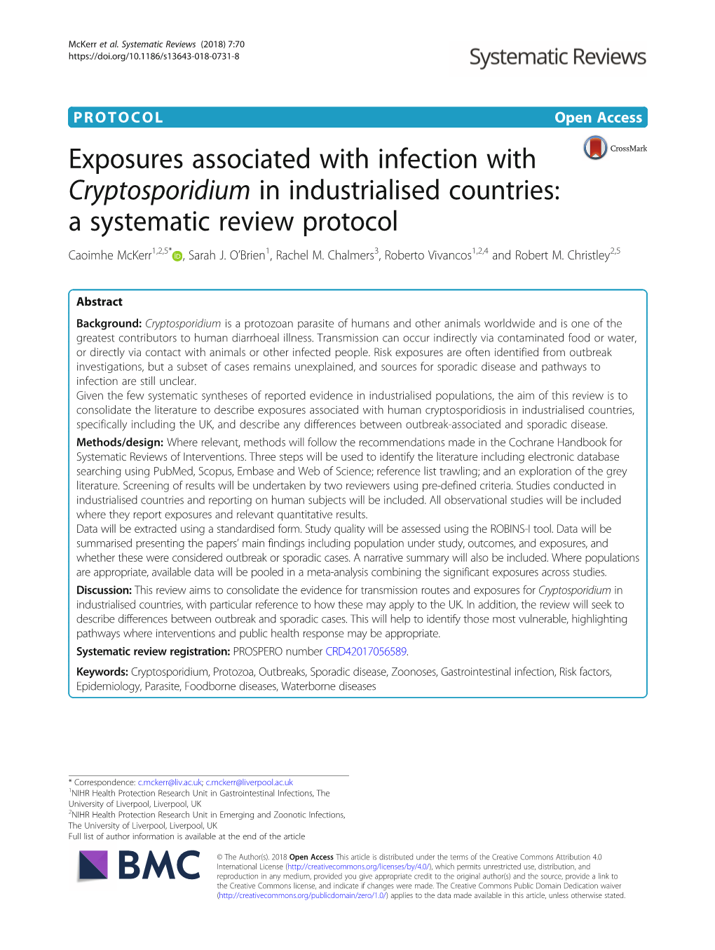 Exposures Associated with Infection with Cryptosporidium in Industrialised Countries: a Systematic Review Protocol Caoimhe Mckerr1,2,5* , Sarah J