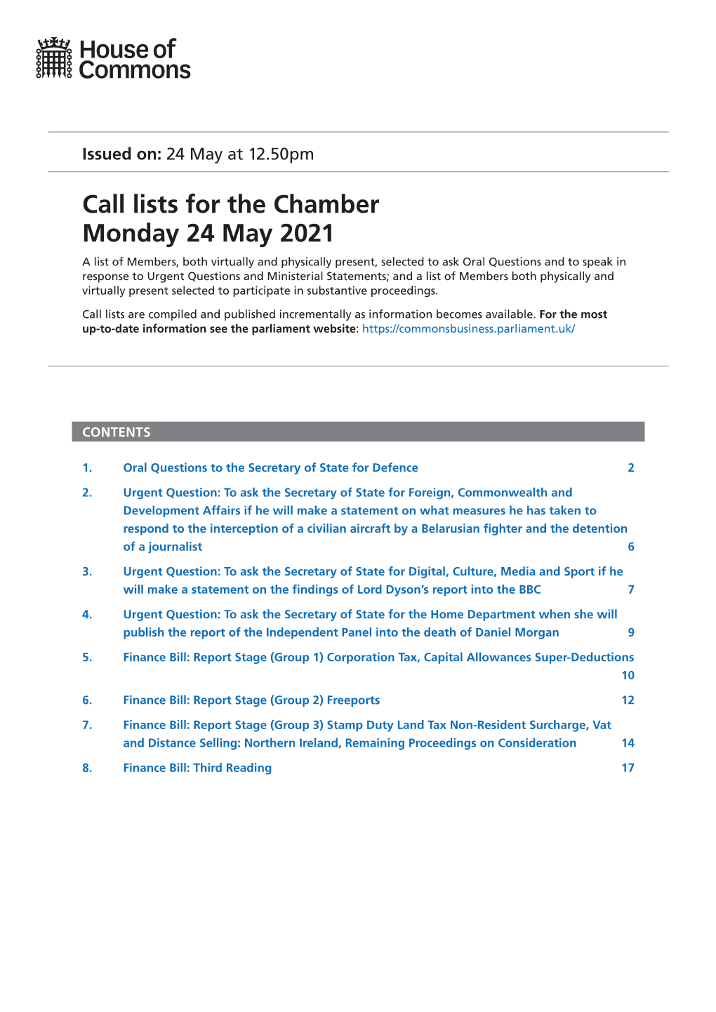 Call Lists for the Chamber Monday 24 May 2021