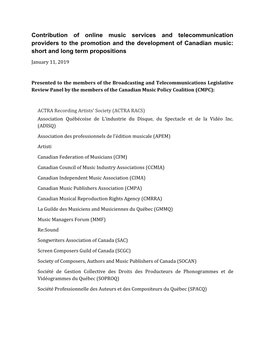 Contribution of Online Music Services and Telecommunication Providers to the Promotion and the Development of Canadian Music: Short and Long Term Propositions