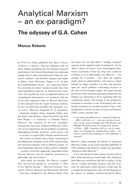 Analytical Marxism – an Ex-Paradigm? the Odyssey of G.A