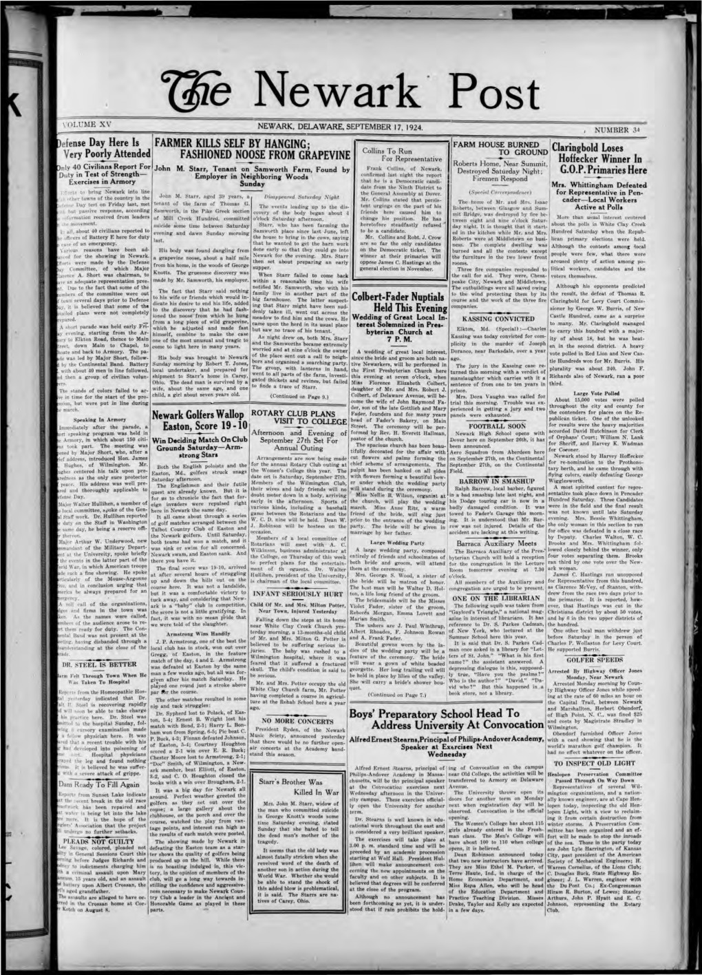 Lile Newark' Post \'OLUME Xv NEWARK, DELAWARE, SEPTEMBER 17, 1924