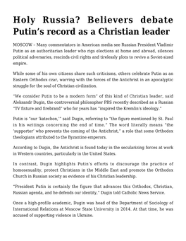 Holy Russia? Believers Debate Putin's Record As a Christian Leader