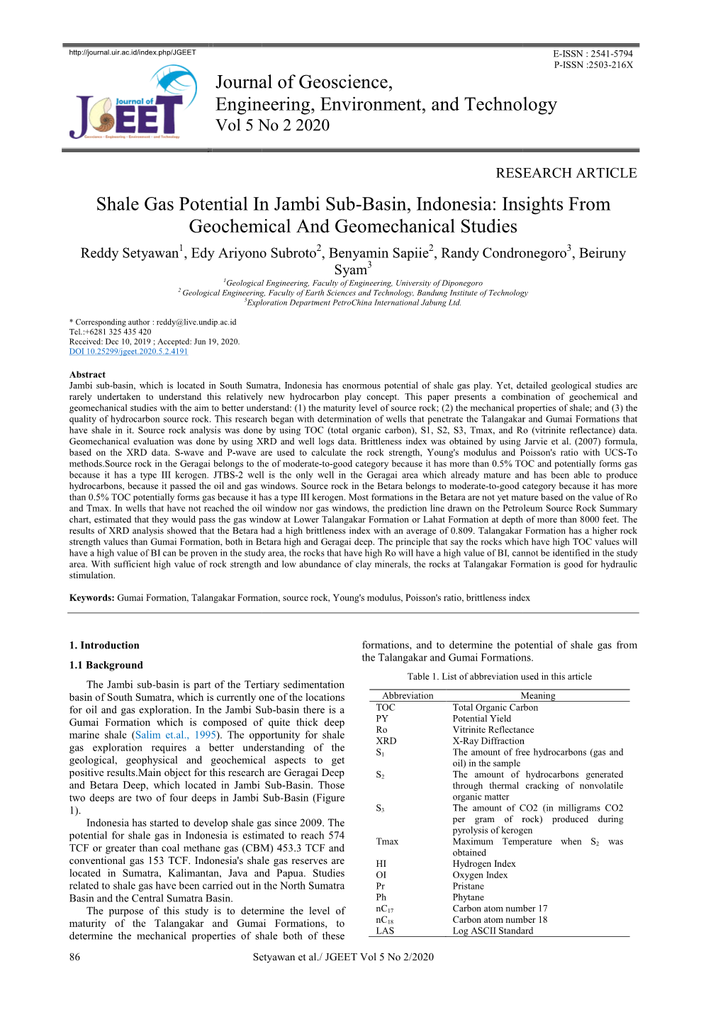 Journal of Geoscie Engineering, Envir Shale Gas Potential in Jambi Sub