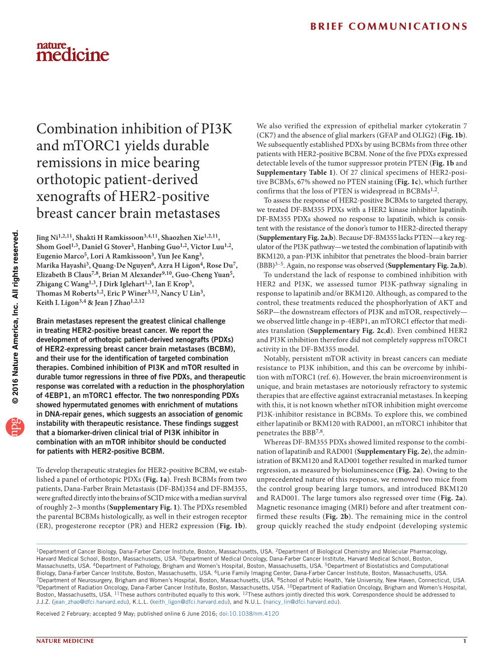 Combination Inhibition of PI3K and Mtorc1 Yields Durable Remissions