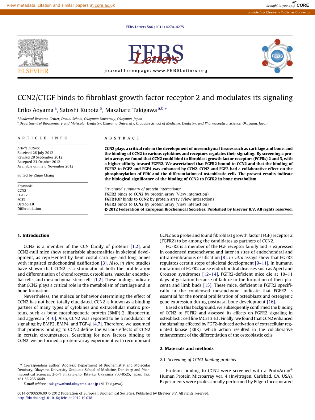 CCN2/CTGF Binds to Fibroblast Growth Factor Receptor 2 And