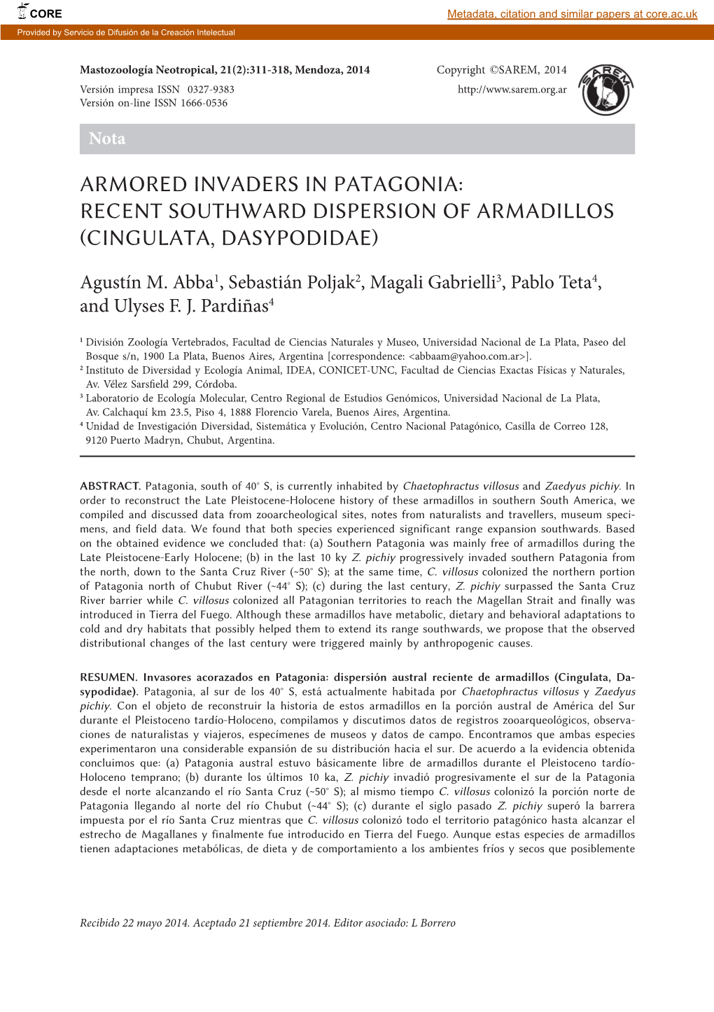 Armored Invaders in Patagonia: Recent Southward Dispersion of Armadillos (Cingulata, Dasypodidae)