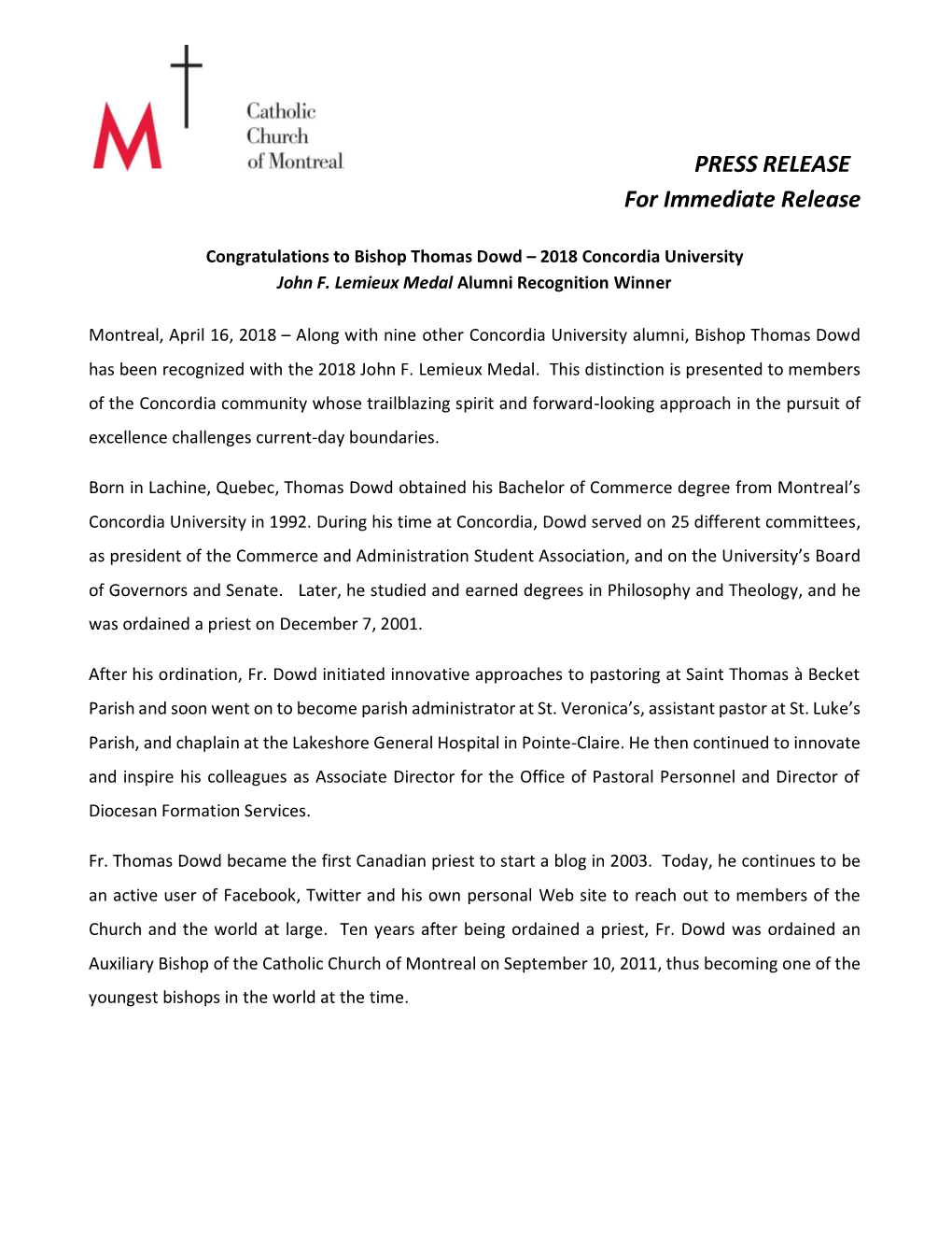 PRESS RELEASE for Immediate Release