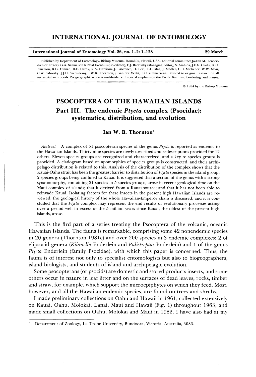 INTERNATIONAL JOURNAL of ENTOMOLOGY PSOCOPTERA of the HAWAIIAN ISLANDS Part III. the Endemic Ptycta Complex