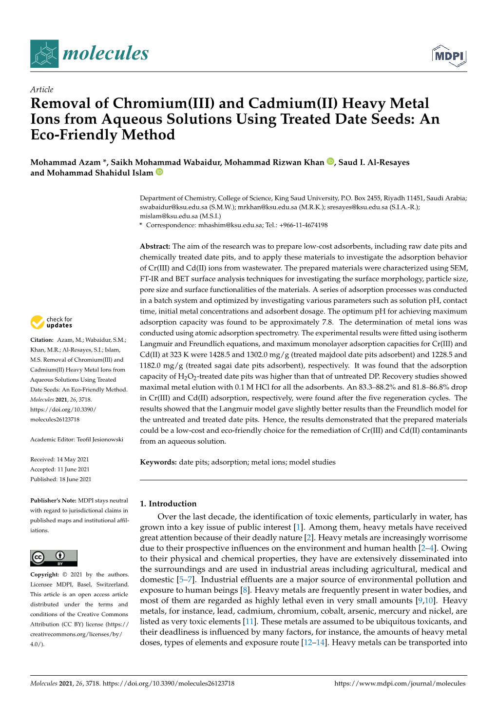 Heavy Metal Ions from Aqueous Solutions Using Treated Date Seeds: an Eco-Friendly Method