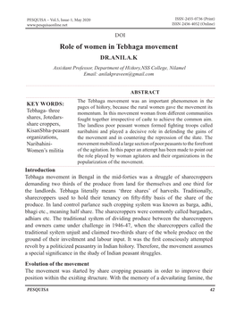Role of Women in Tebhaga Movement DR.ANILA.K Assistant Professor, Department of History,NSS College, Nilamel Email: Anilakpraveen@Gmail.Com