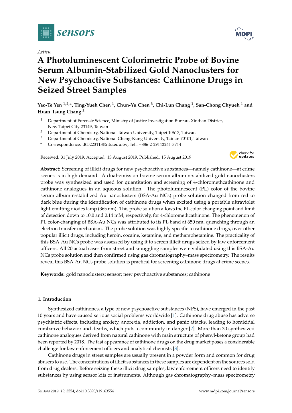 A Photoluminescent Colorimetric Probe of Bovine Serum Albumin-Stabilized Gold Nanoclusters for New Psychoactive Substances: Cathinone Drugs in Seized Street Samples