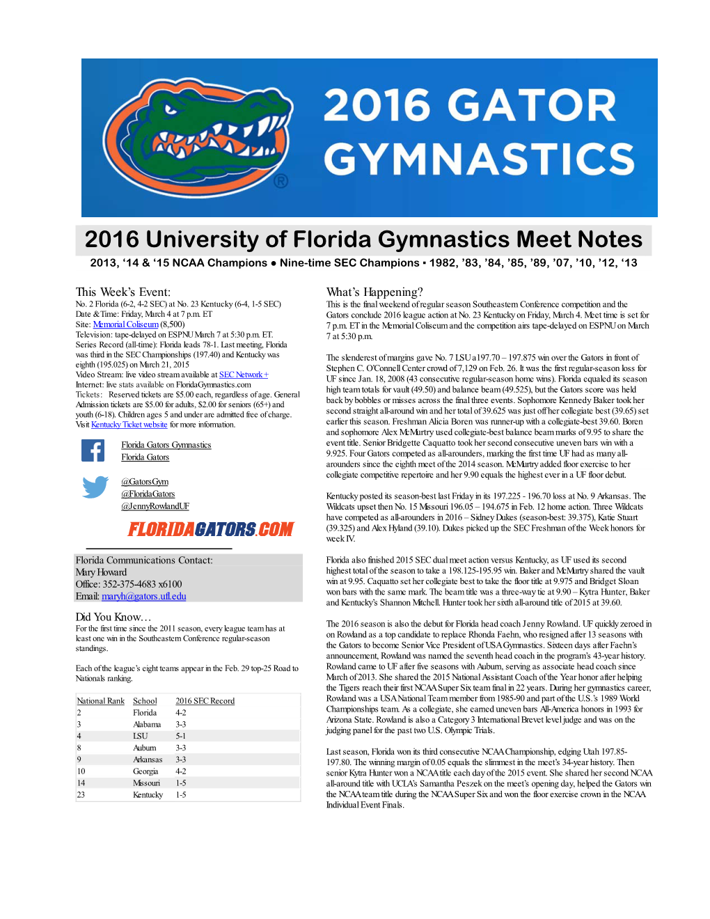 2016 University of Florida Gymnastics Meet Notes 2013, ‘14 & ‘15 NCAA Champions ● Nine-Time SEC Champions ▪ 1982, ’83, ’84, ’85, ’89, ’07, ’10, ’12, ‘13